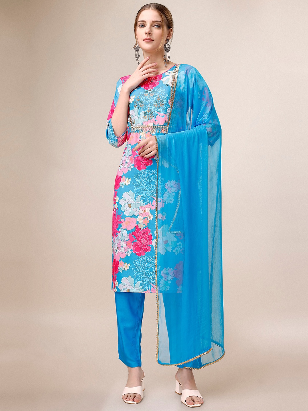 

Indian Women Floral Printed Regular Kurta with Trousers & Dupatta, Blue
