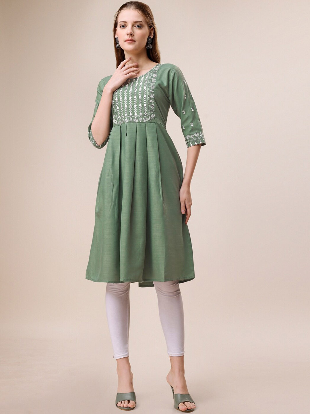 Indian Women Ethnic Motifs Embroidered Round Neck Thread Work Cotton A-Line Pleated Kurta, Green