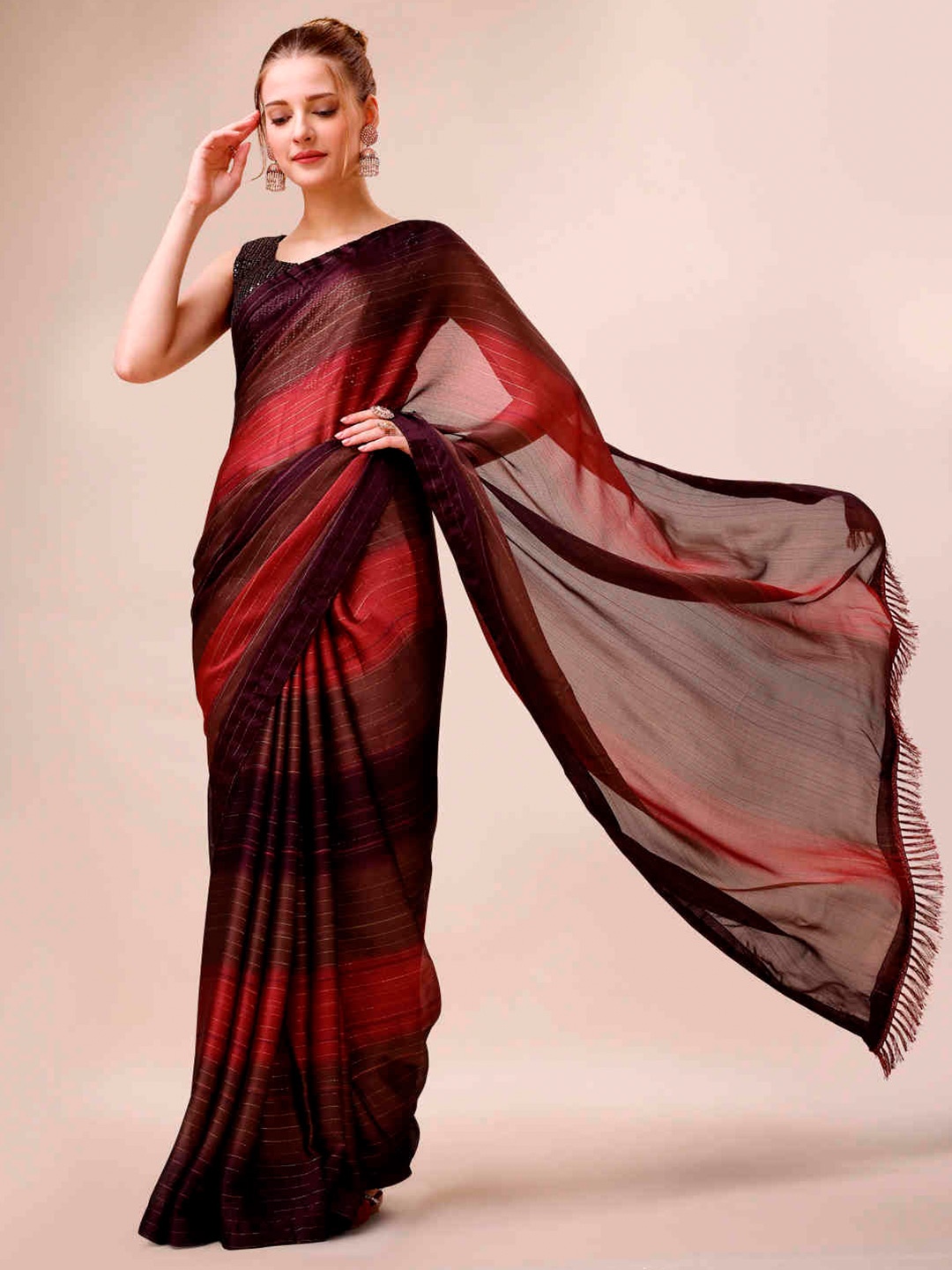 

Indian Women Striped Pure Chiffon Saree, Burgundy