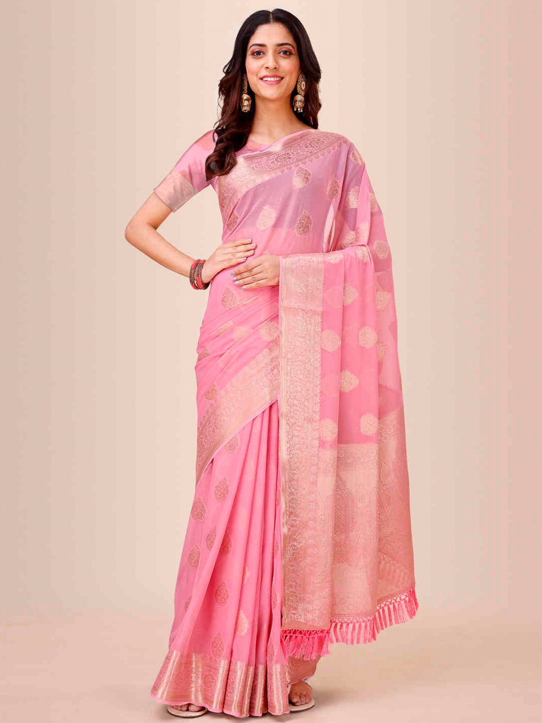 

Indian Women Ethnic Motifs Woven Design Zari Pure Chiffon Saree, Peach