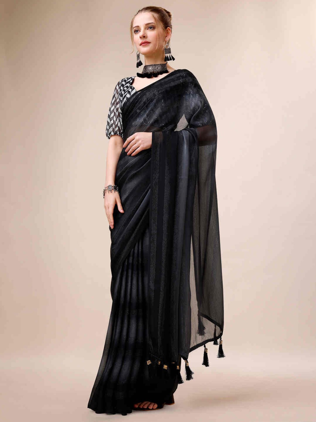 Indian Women Striped Pure Chiffon Saree, Black