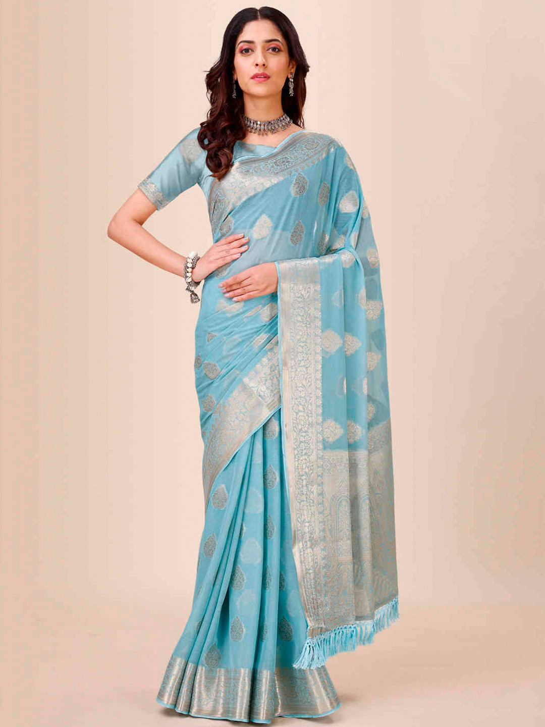 

Indian Women Ethnic Motifs Woven Design Zari Pure Chiffon Saree, Blue