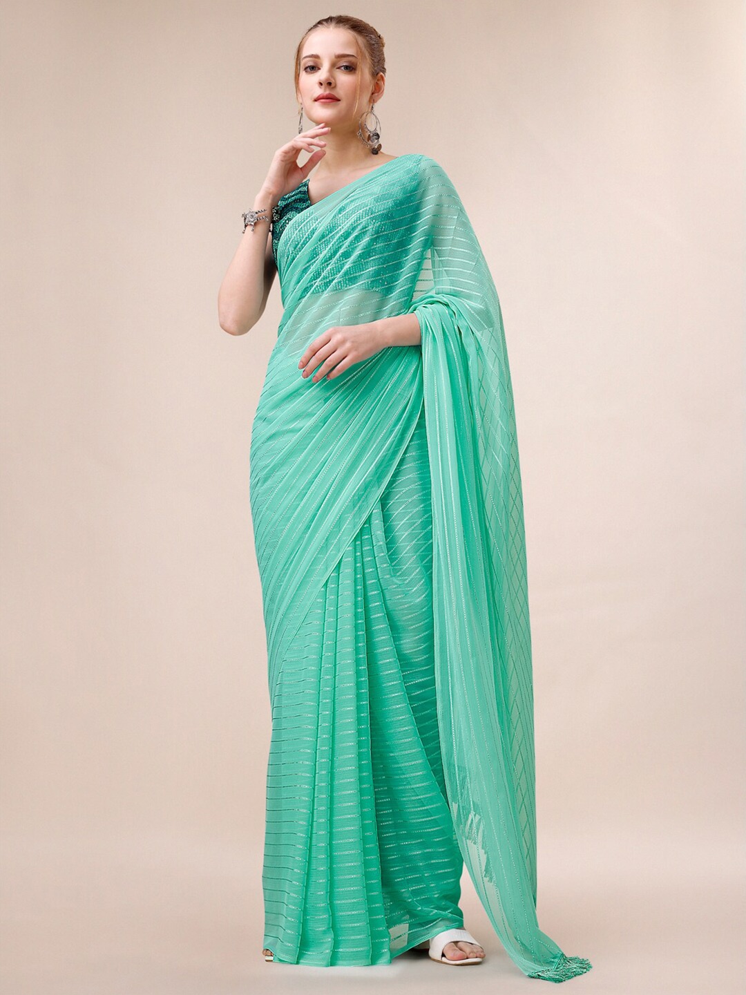 

Indian Women Striped Pure Georgette Saree, Blue