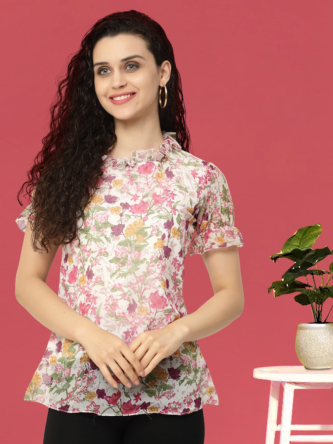 

MISS AYSE Floral Printed Ruffled Georgette Top, White