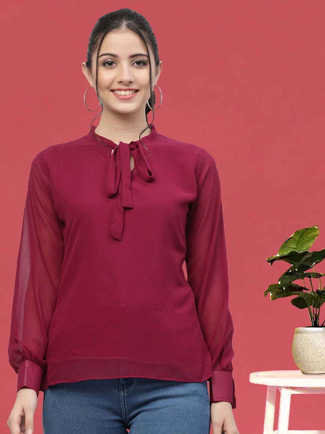 

MISS AYSE Tie-Up Neck Cuffed Sleeve Georgette Top, Maroon