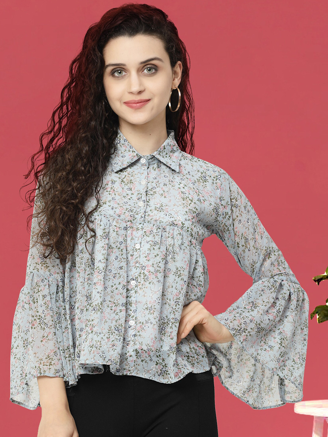 

MISS AYSE Floral Printed Bell Sleeve Georgette Shirt Style Top, Grey