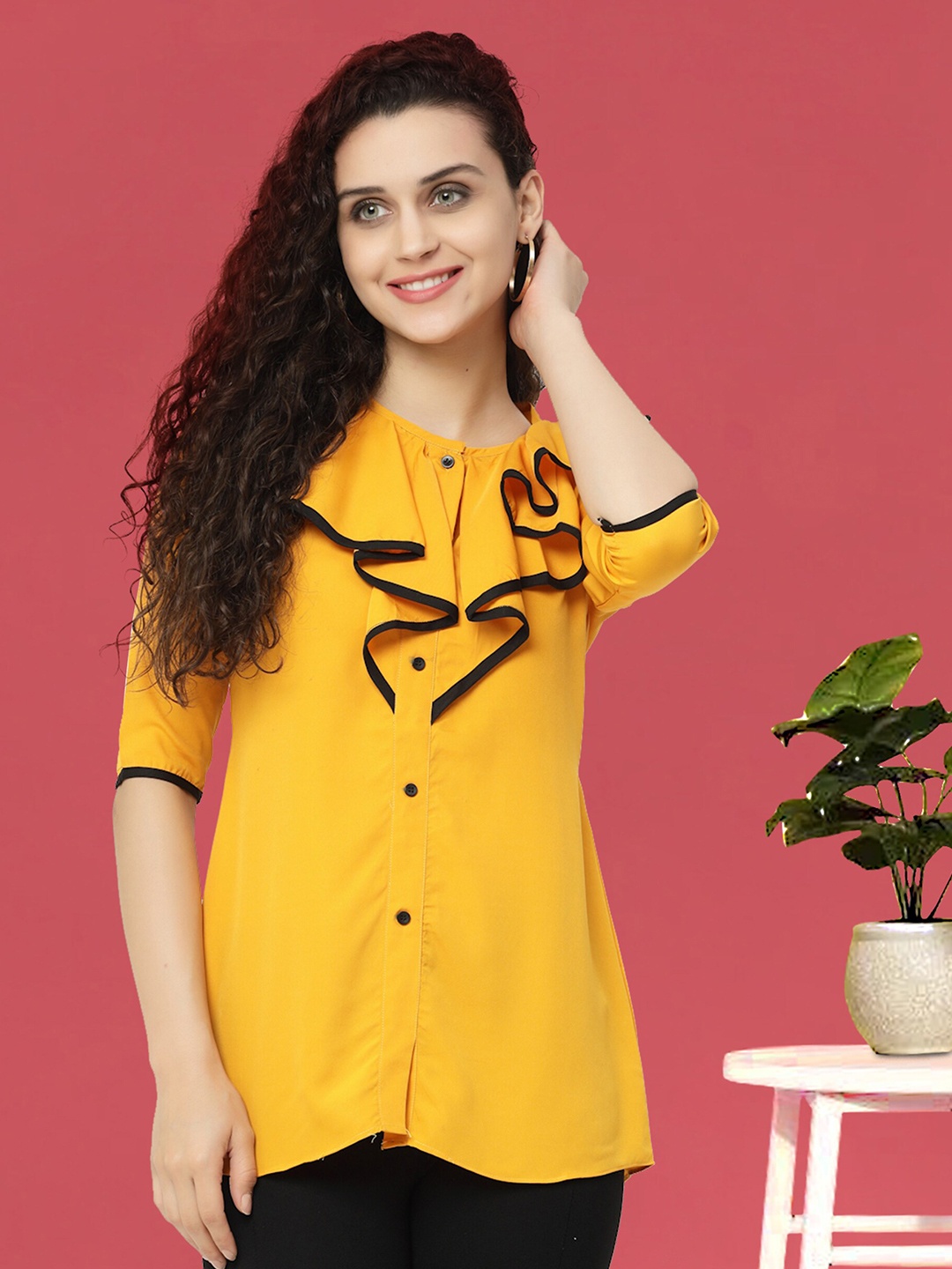 

MISS AYSE Ruffled Shirt Style Top, Yellow