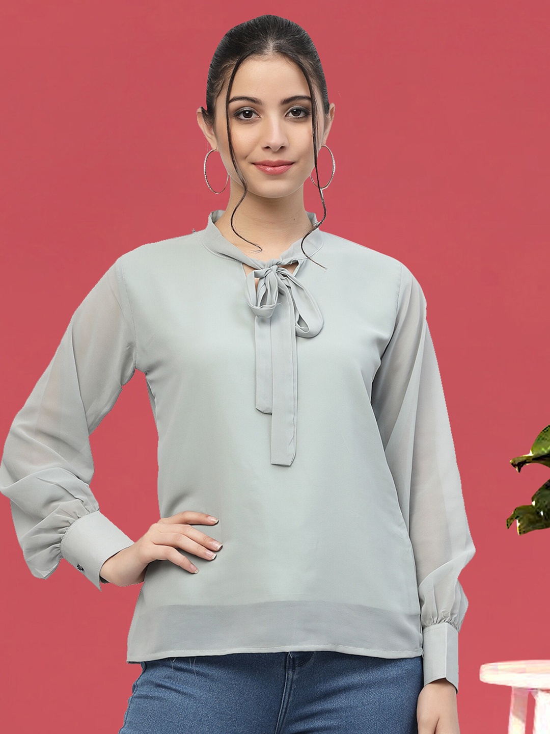 

MISS AYSE Tie-Up Neck Cuffed Sleeve Georgette Top, Grey