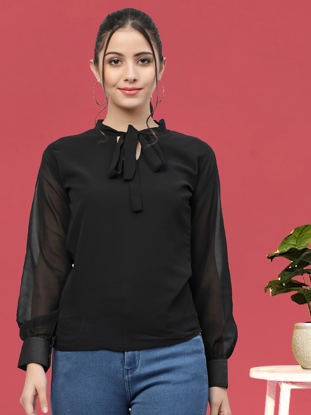 

MISS AYSE Tie-Up Neck Cuffed Sleeve Georgette Top, Black