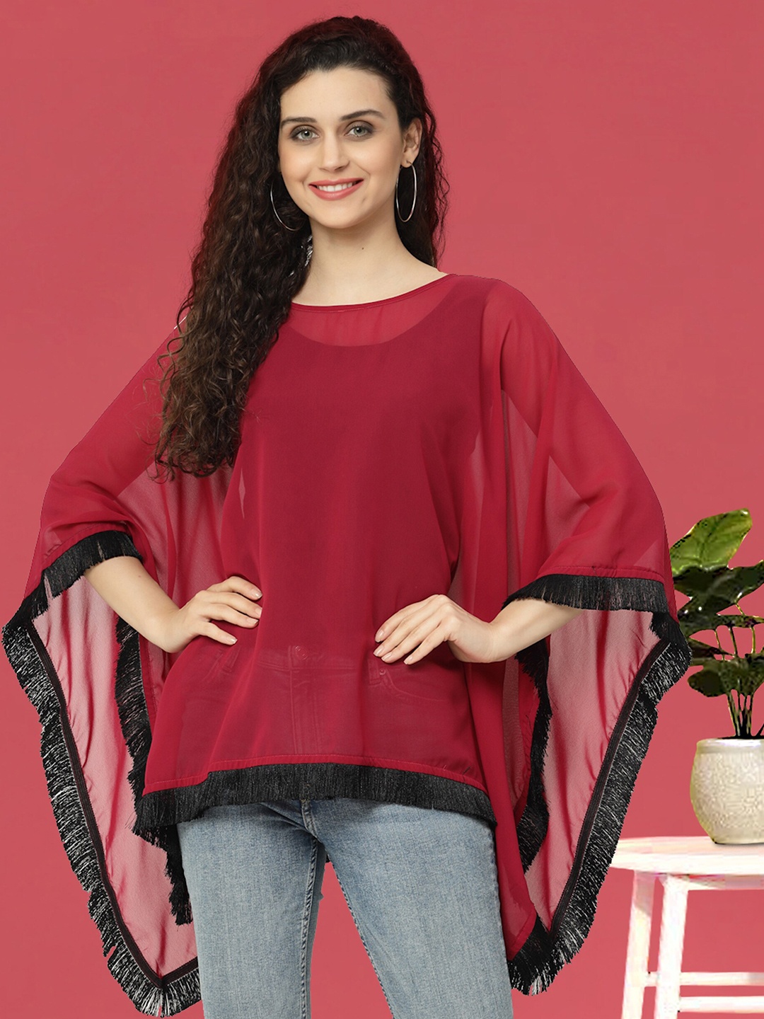 

MISS AYSE Kimono Sleeve Georgette Kaftan Top, Maroon