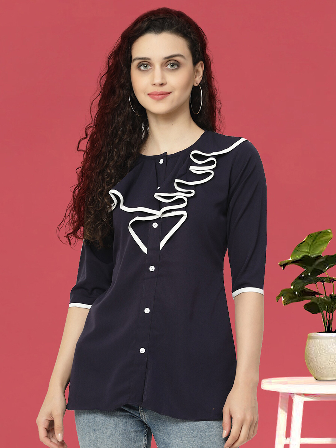 

MISS AYSE Ruffled Shirt Style Top, Black
