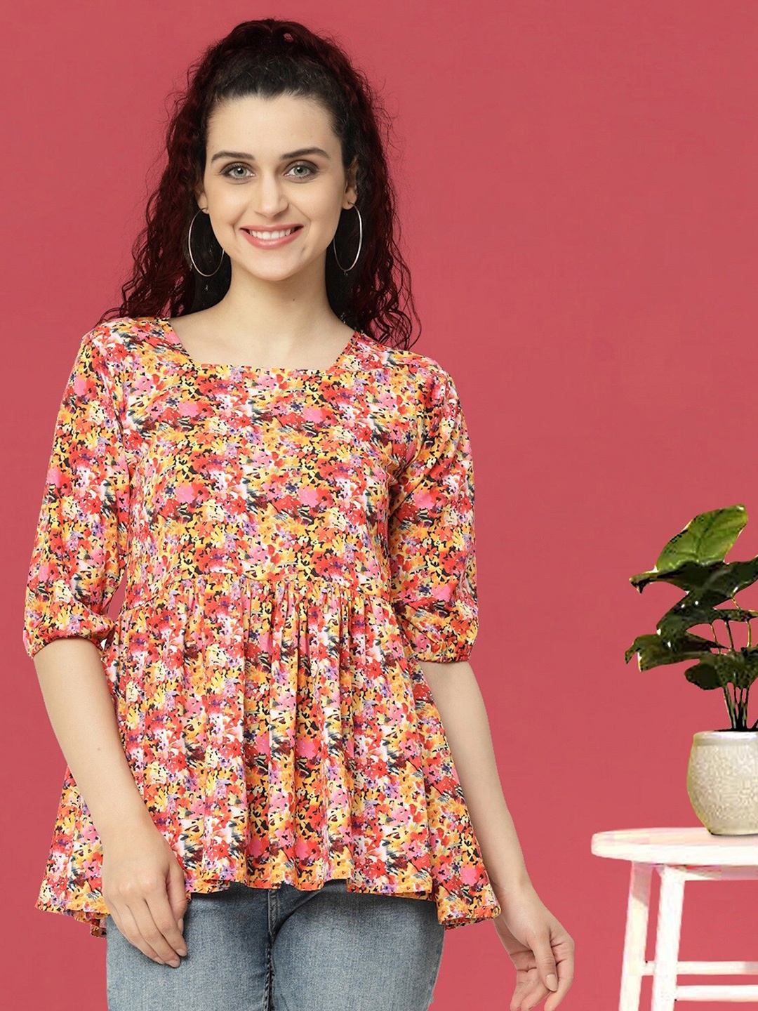 

MISS AYSE Floral Printed Square Neck Peplum Top, Red