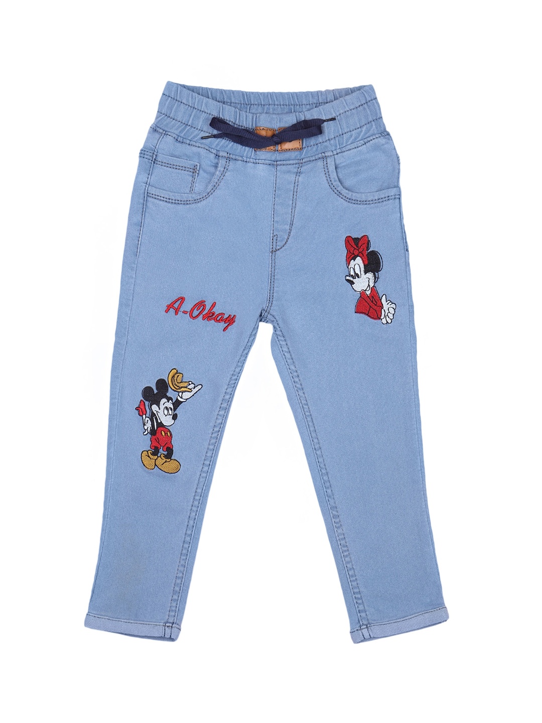 

A-Okay Boys Slim Fit High-Rise Clean Look Mickey & Minnie Embroidered Jeans, Blue