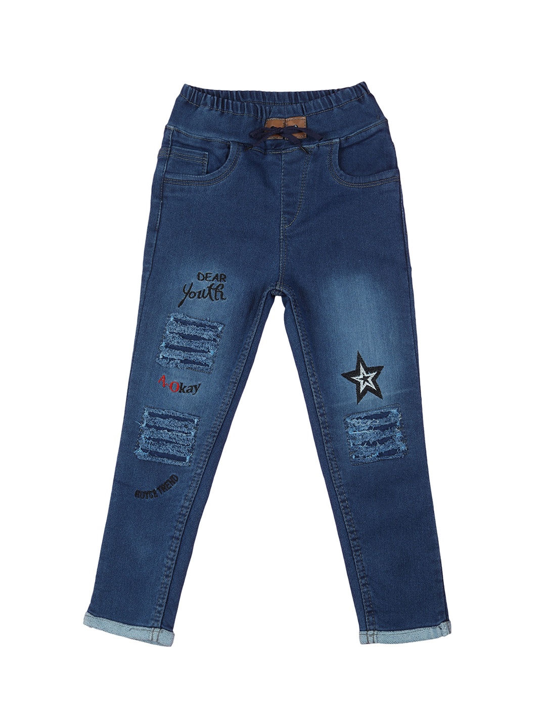

A-Okay Boys High-Rise Mildly Distressed Embroidered Slim Fit Stretchable Jeans, Blue