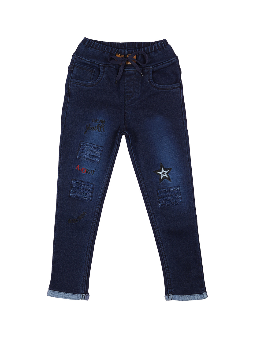 

A-Okay Boys High-Rise Mildly Distressed Light Fade Embroidered Slim Fit Stretchable Jeans, Blue
