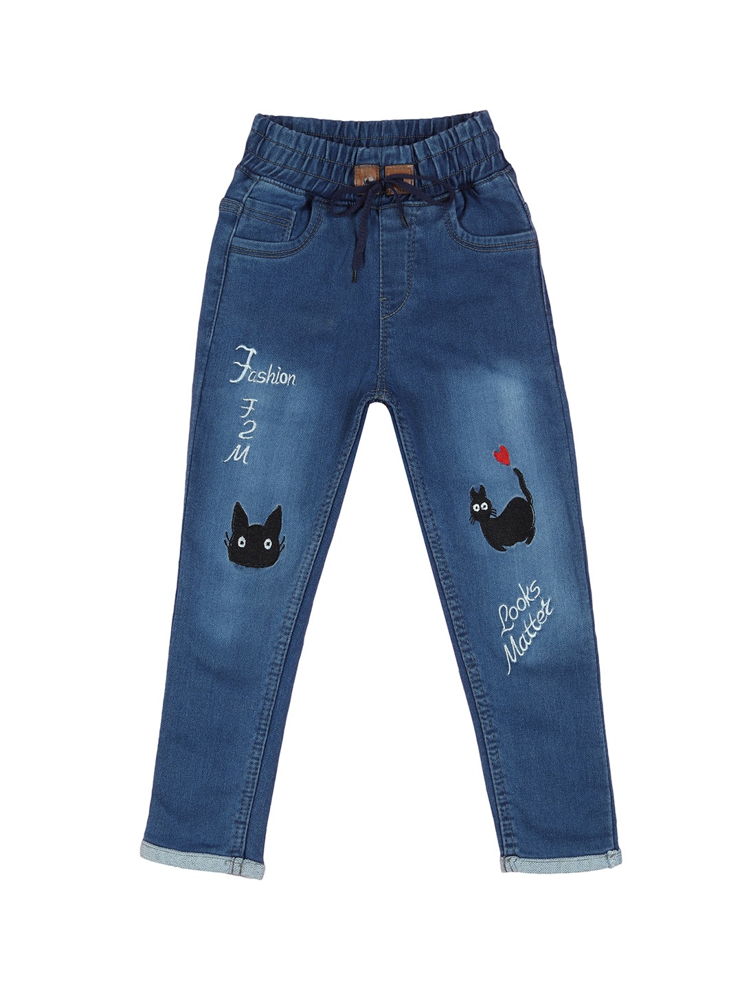 

A-Okay Boys Slim Fit High-Rise Light Fade Embroidered Cotton Jeans, Blue