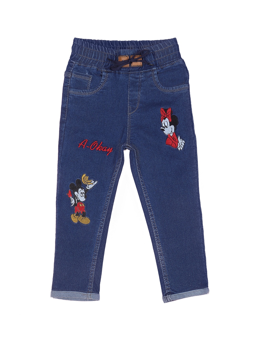 

A-Okay Boys Slim Fit High-Rise Mickey & Minnie Mouse Embroidered Cotton Jeans, Blue