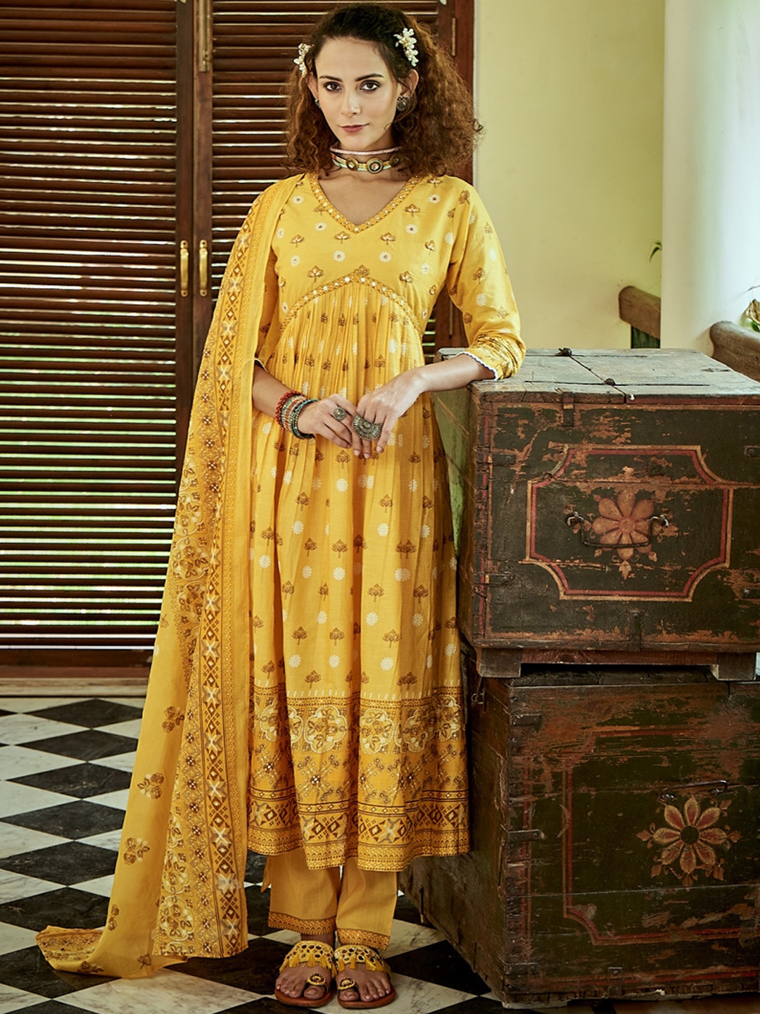 

Ishin Ethnic Motifs Printed Mirror Work Empire Anarkali Kurta with Trousers & Dupatta, Yellow