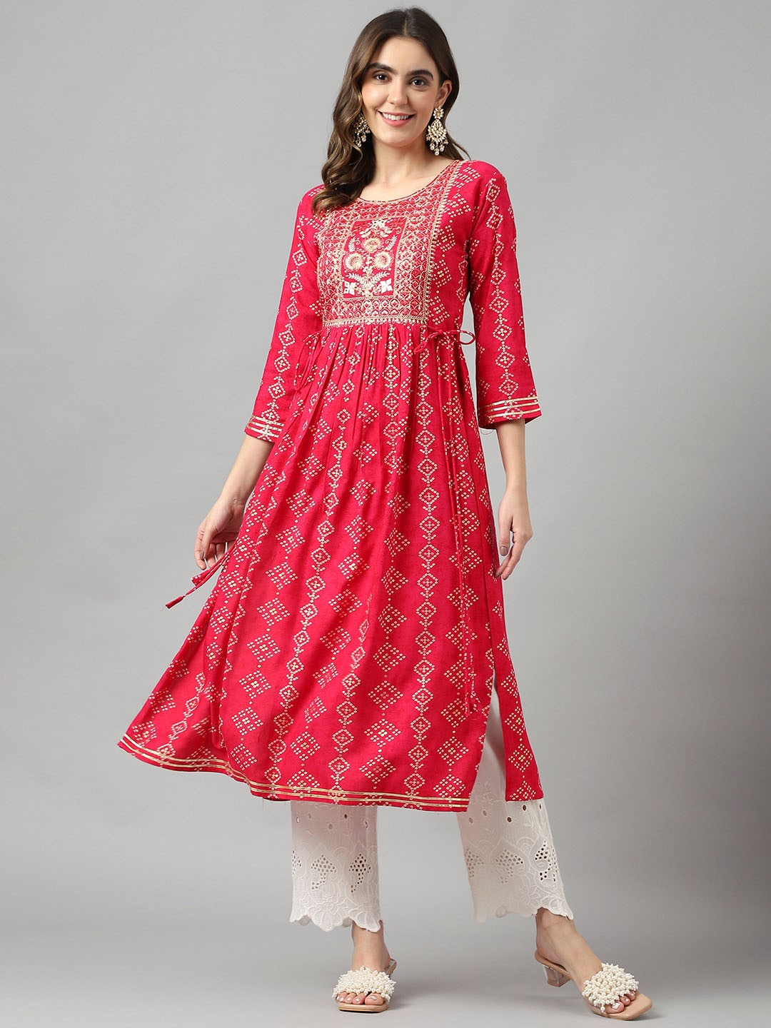 Ishin Yoke Design Round Neck Mirror Work Pleated Anarkali Kurta, Red