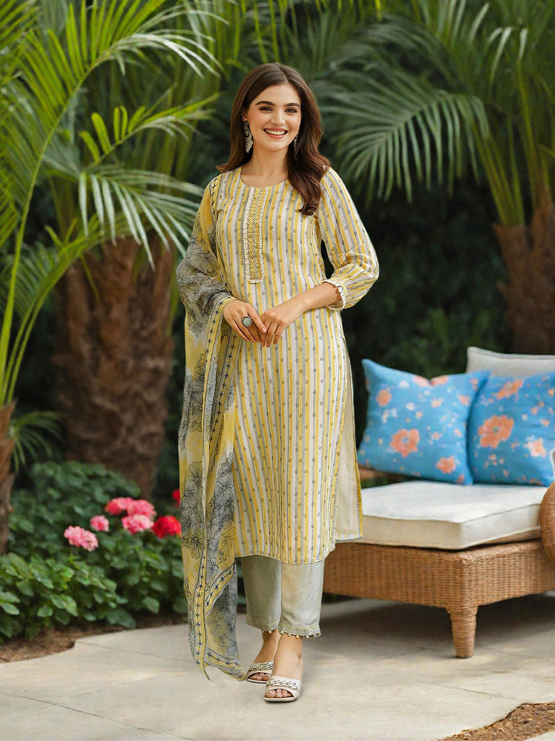 

Ishin Women Striped Thread Work Silk Chiffon Kurta with Trousers & Dupatta, Yellow