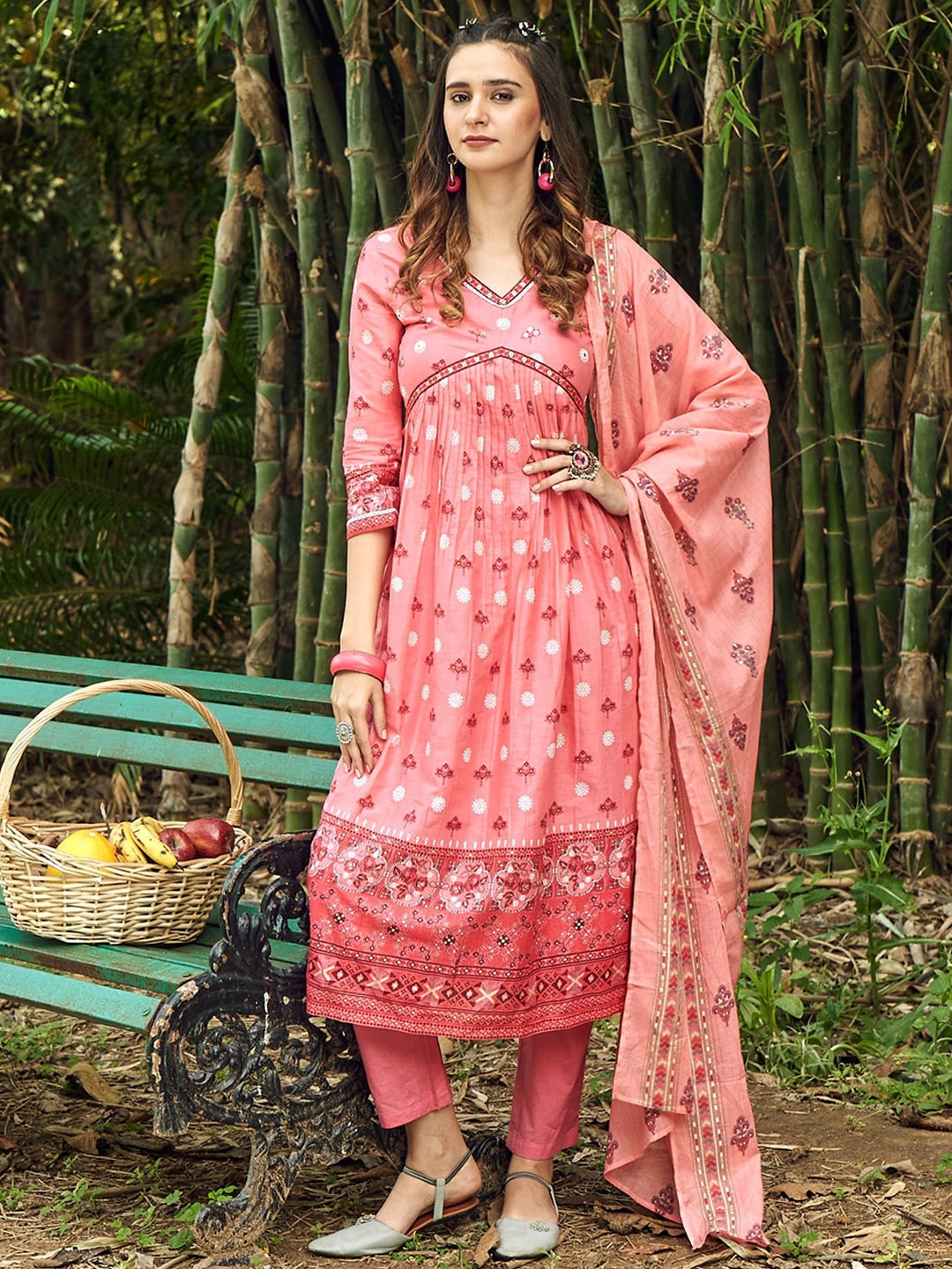 

Ishin Women Pink Floral Printed Mirror Work Empire Anarkali Kurta with Trousers & Dupatta