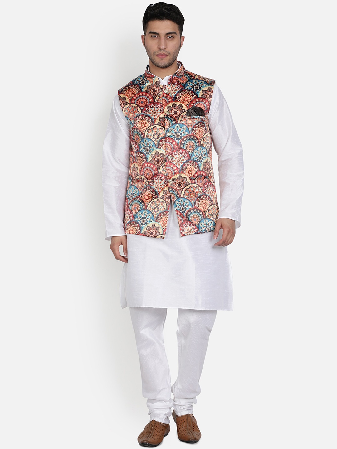 Armaan Ethnic Mandarin Collar Dupion Silk Kurta with Churidar And Printed Nehru Jacket, Red