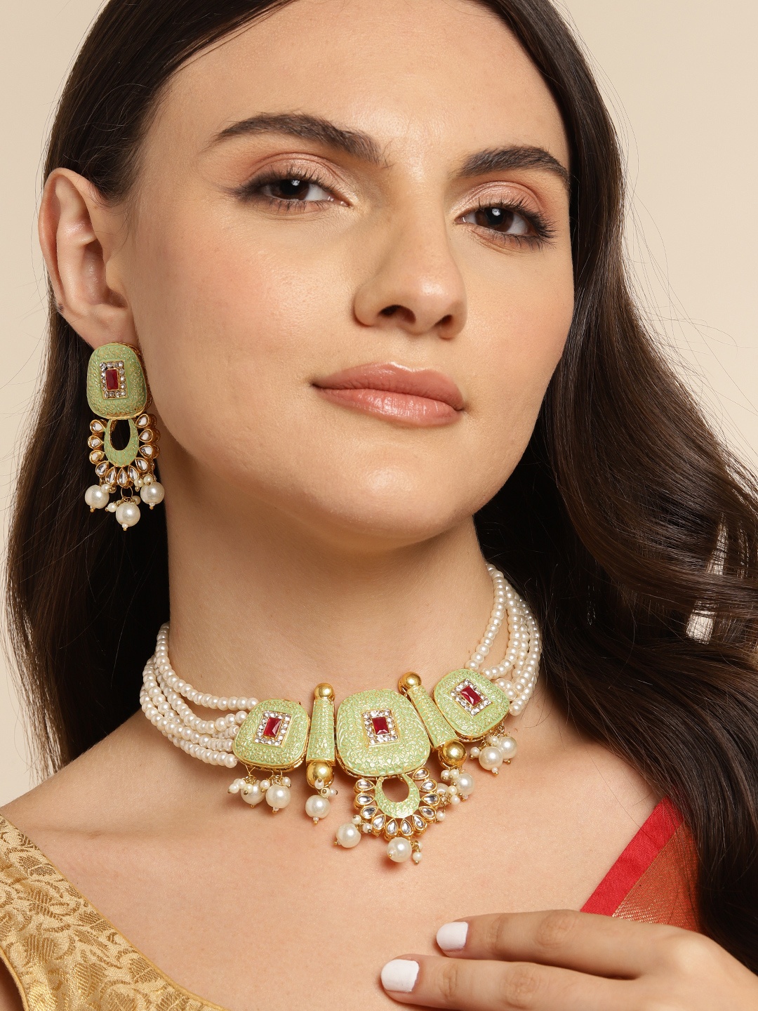 

Anouk Women Gold-Plated Kundan Necklace Set, Green