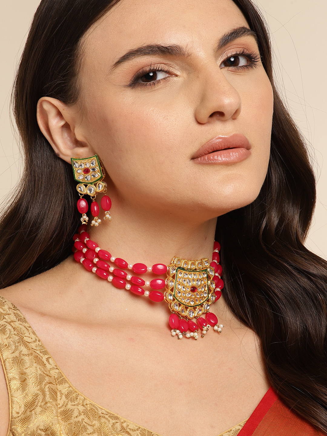 

Anouk Women Gold-Plated Kundan Necklace Set, Pink