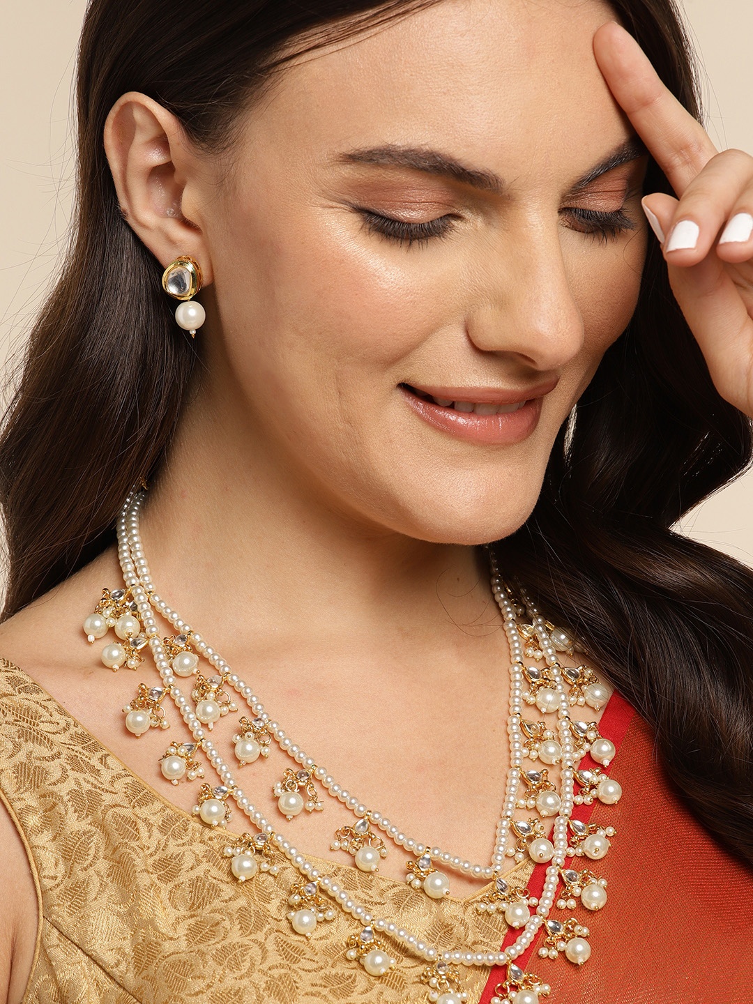 

Anouk Women Gold-Plated Layered Pearls Jewellery Set, White