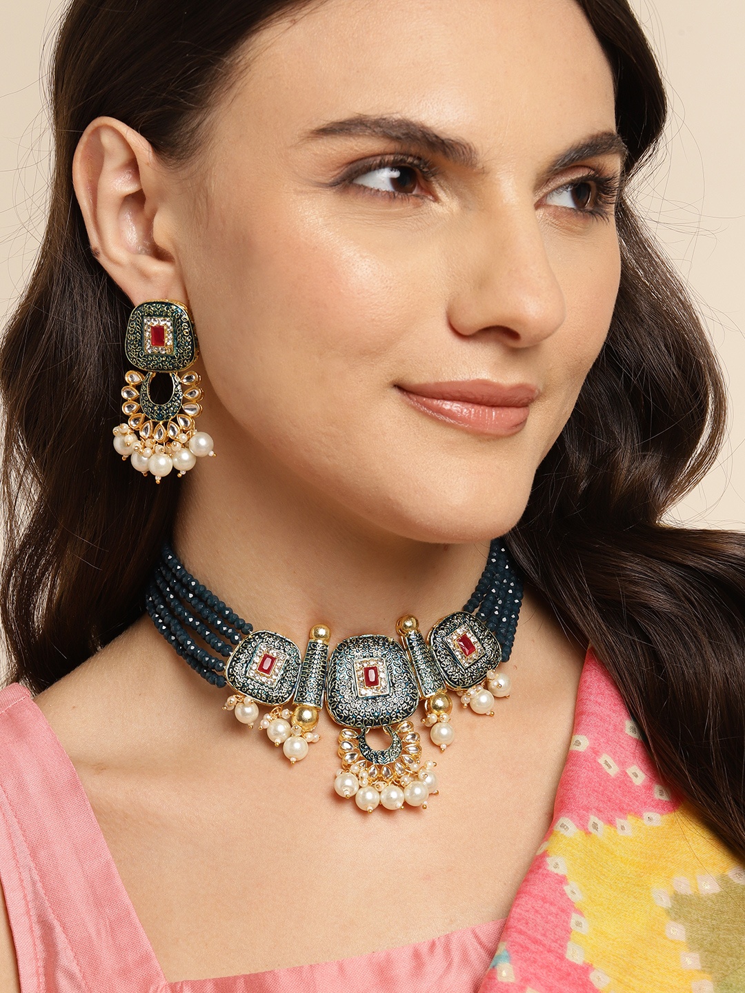 

Anouk Women Gold-Plated Kundan Jewellery Set, Navy blue