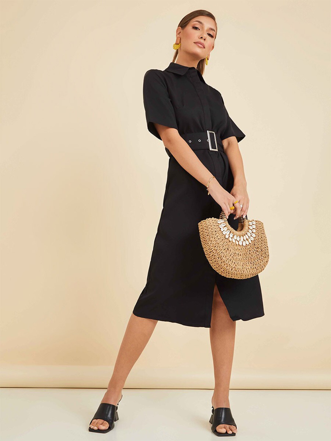 

Styli Black Concealed Placket Belted Shirt MIdi Dress