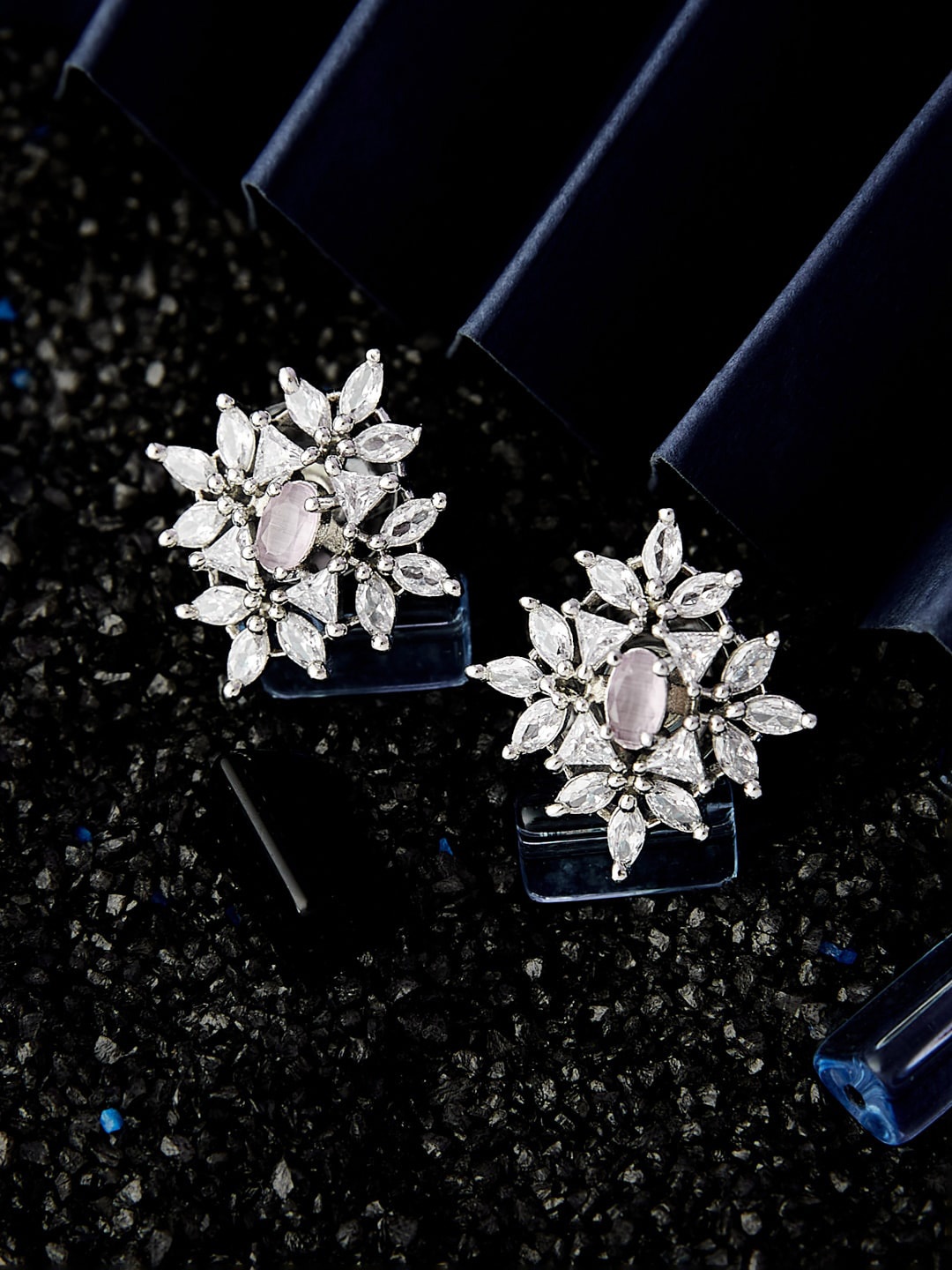 

ATIBELLE Silver Plated Floral Cubic Zirconia Studs Earrings