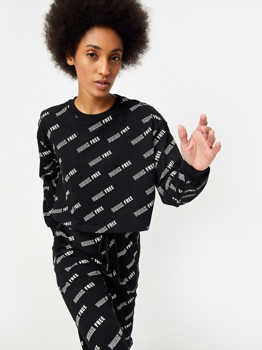 

max Typography Printed Round Neck Pure Cotton Casual T-shirt, Black