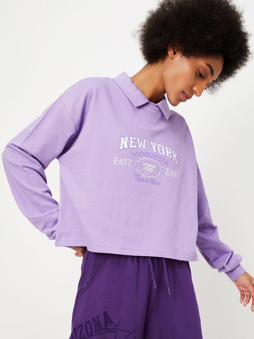 max Typography Printed Polo Collar Pure Cotton Casual T-shirt, Purple