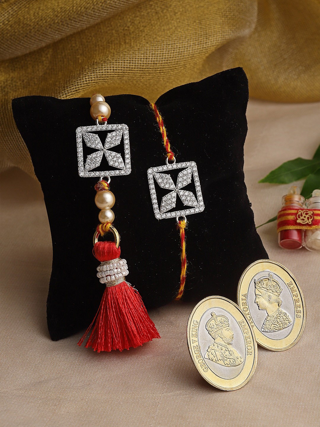 

PANASH Set Of 2 Stone-Studded Rakhi With 5g 999 Pure Silver Coins & Roli Chawal