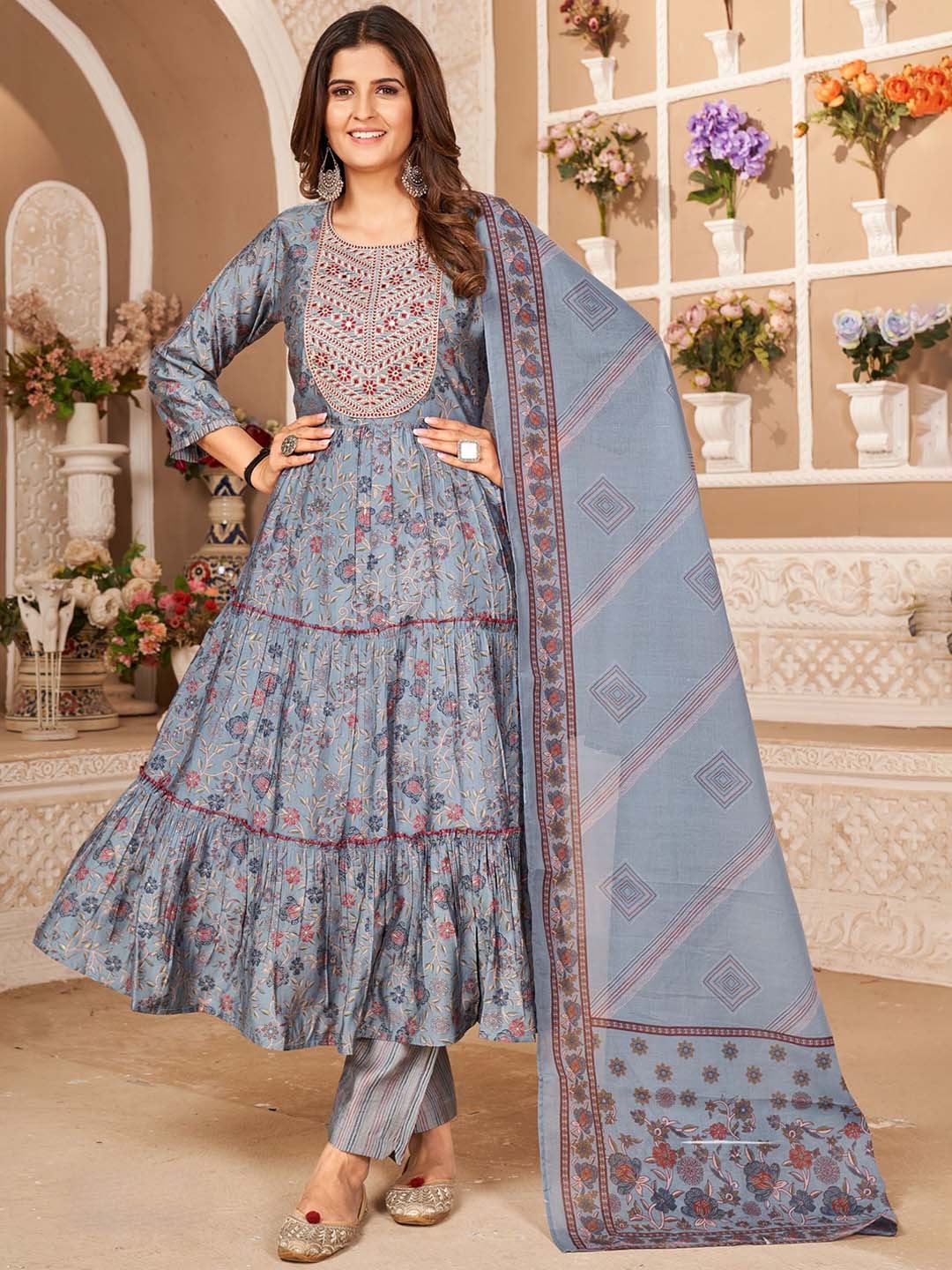 

KALINI Floral Embroidered Chanderi Silk Kurta With Trousers & Dupatta, Grey