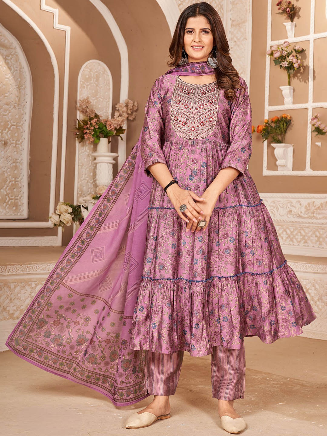 

KALINI Floral Embroidered Thread Work Tiered Anarkali Kurta with Trousers & Dupatta, Pink
