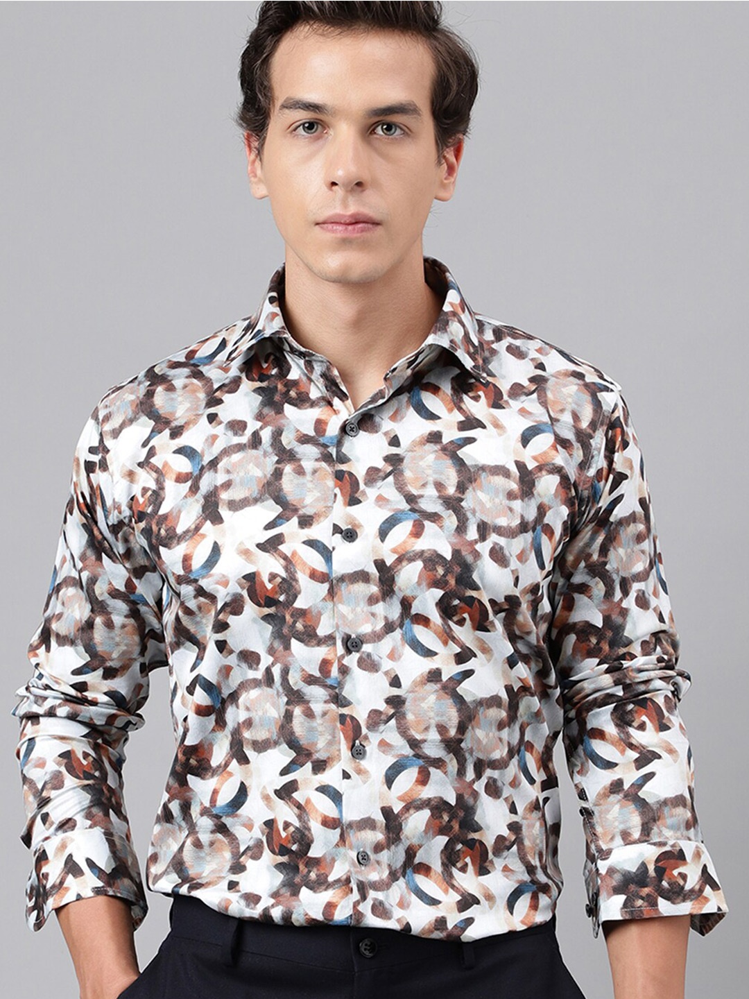 

Hancock Abstract Digital Print Cotton Satin Slim Fit Party Shirt, Brown