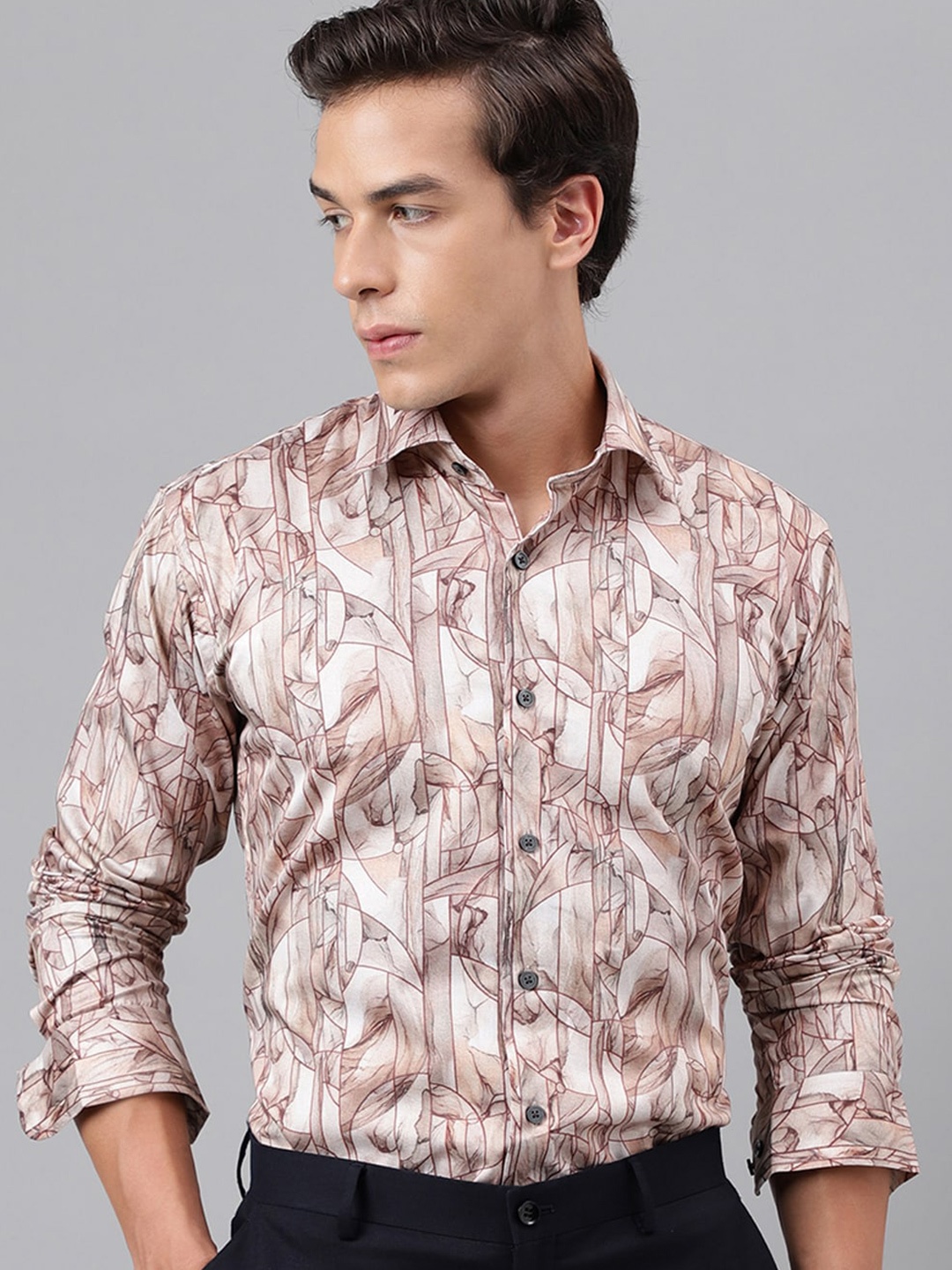 Hancock Pure Cotton Abstract Digital Print Satin Slim Fit Shirt, Beige