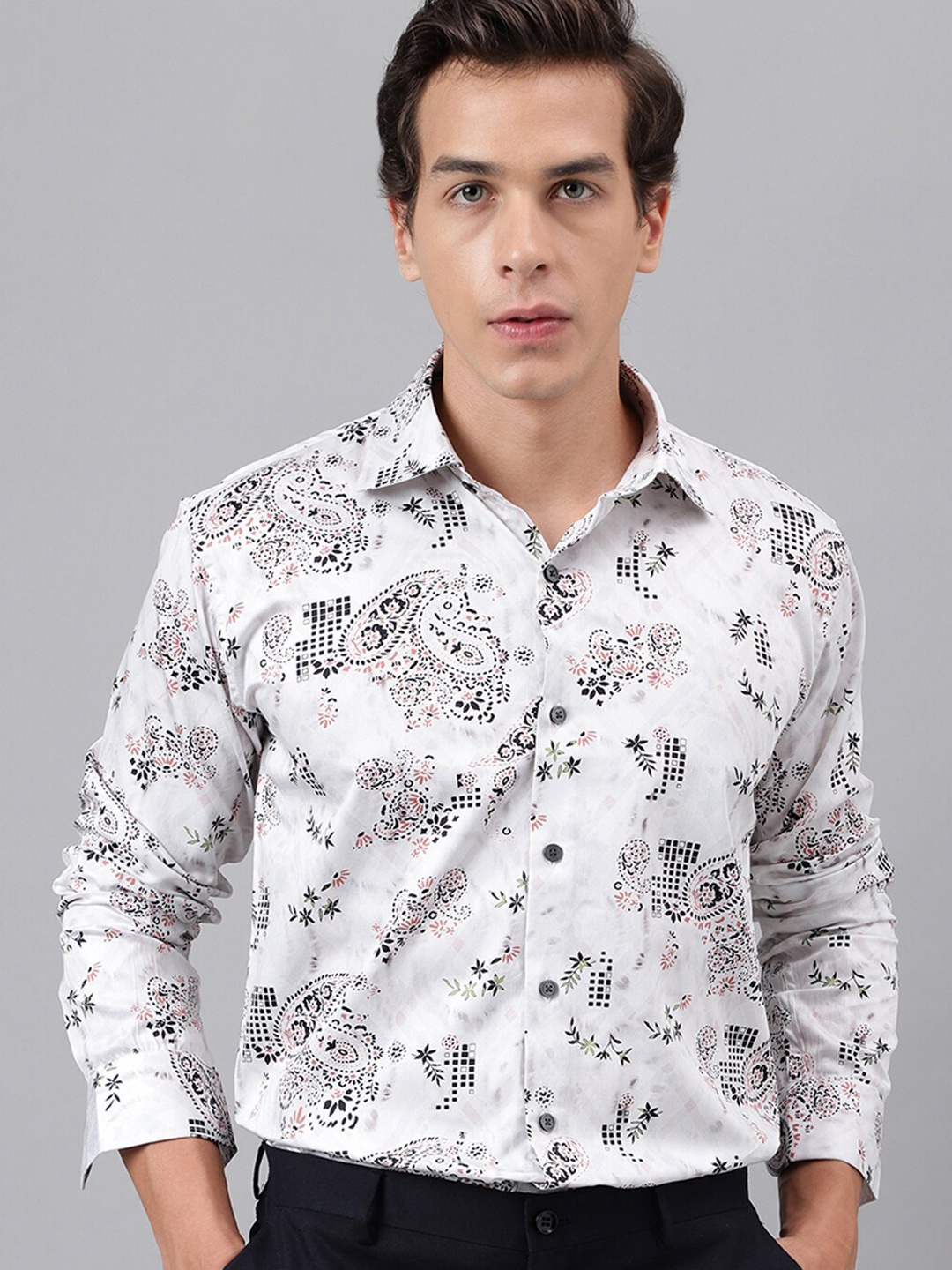 Hancock Cotton Paisley Digital Print Satin Slim Fit Party Shirt, White