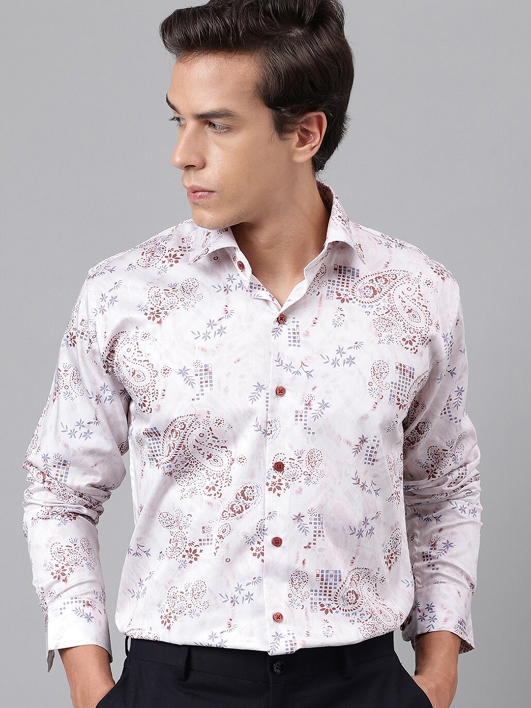 

Hancock Cotton Paisley Digital Print Satin Slim Fit Party Shirt, White