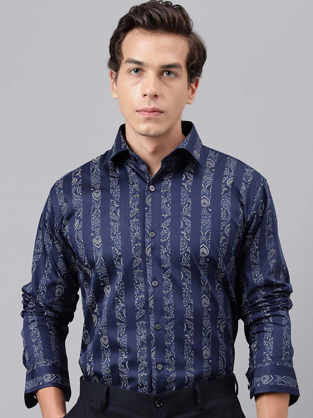 

HancockMen Premium Slim Fit Opaque Printed Casual Shirt, Navy blue