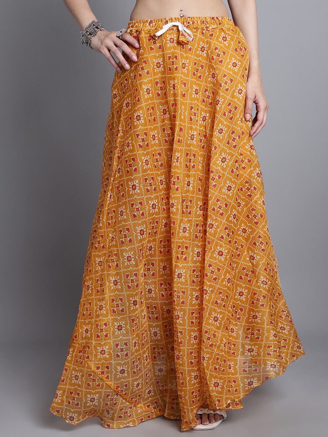 

SOUNDARYA Printed Cotton Flared Maxi Skirt, Mustard