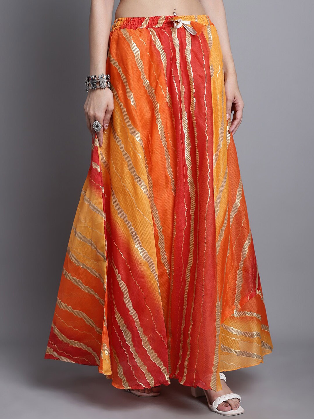 

SOUNDARYA Striped Cotton Flared Maxi Skirt, Orange