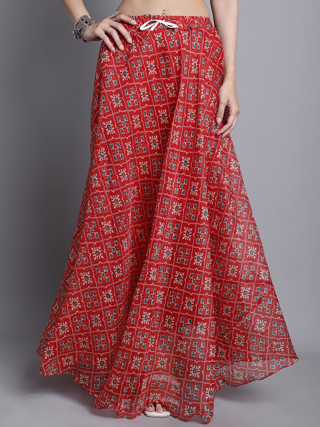 

SOUNDARYA Printed Cotton Flared Maxi Skirt, Red