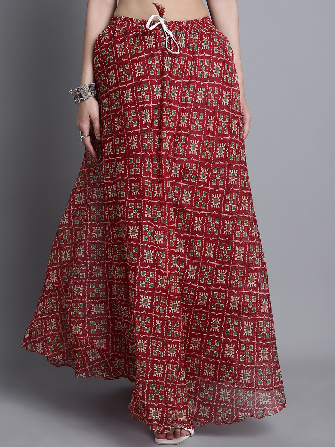 

SOUNDARYA Printed Cotton Flared Maxi Skirt, Maroon