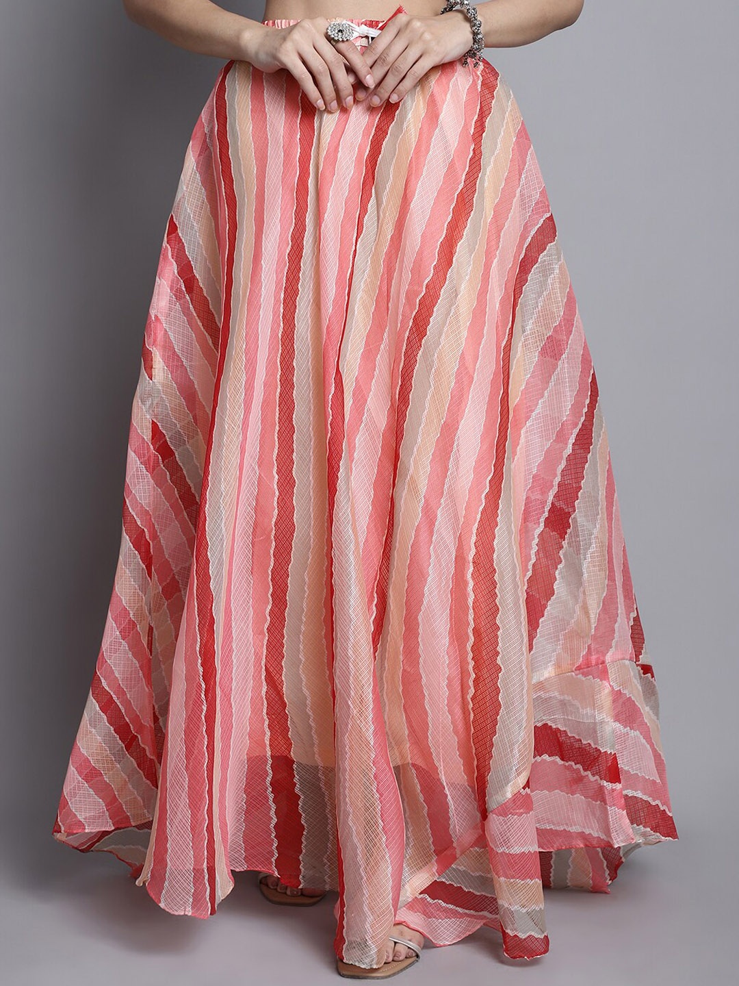

SOUNDARYA Striped Cotton Flared Maxi Skirt, Peach