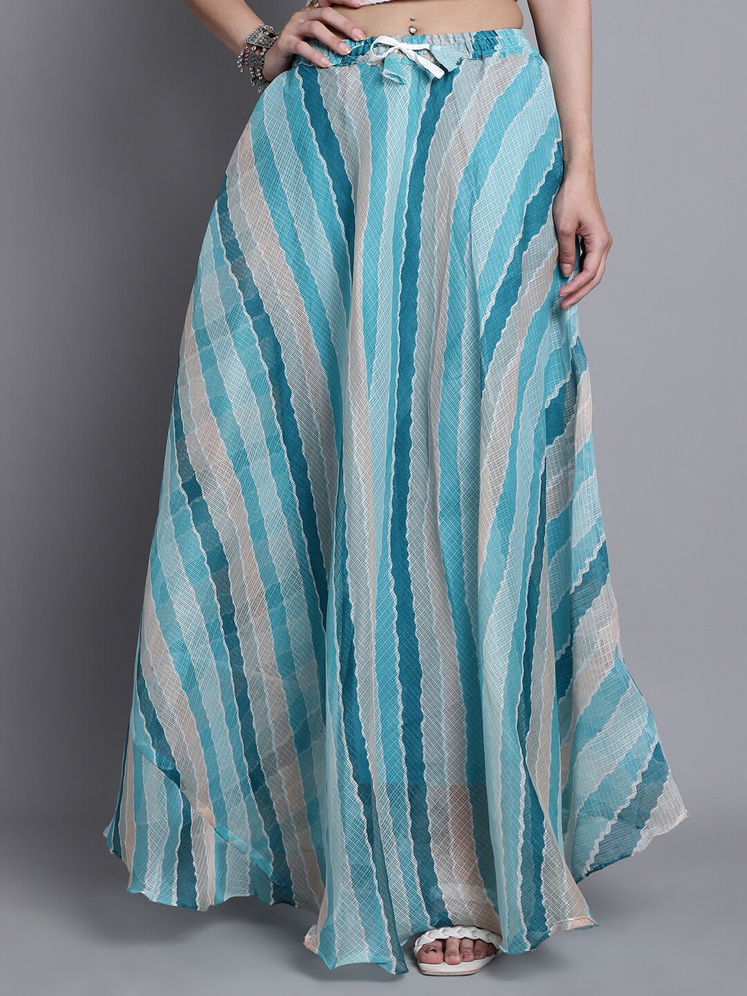 

SOUNDARYA Striped Cotton Flared Maxi Skirt, Blue