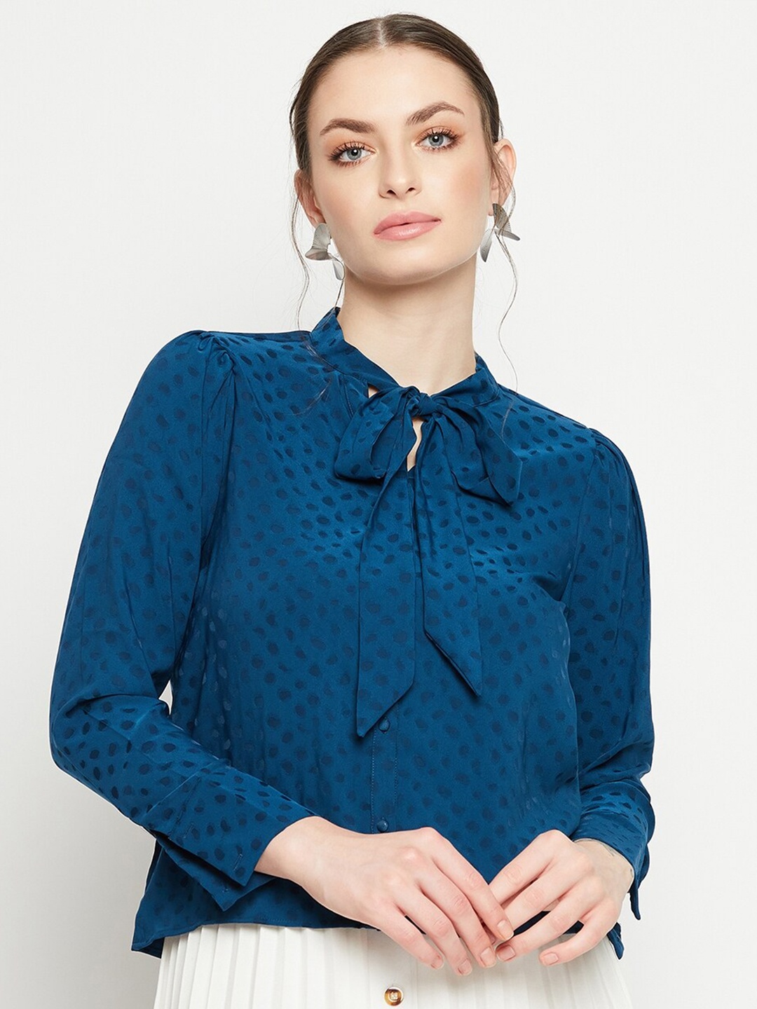 

Madame Self Design Tie-Up Neck Puff Sleeves Shirt Style Top, Teal