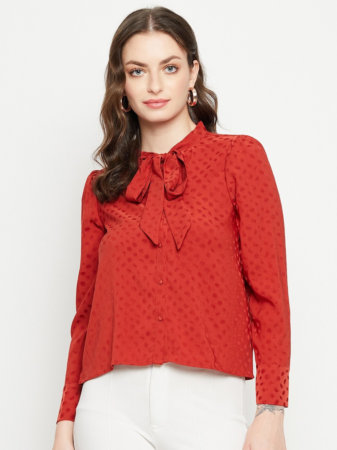 

Madame Self Design Tie-Up Neck Puff Sleeves Shirt Style Top, Rust